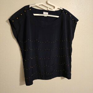 Jaclyn Smith Navy Studded Front Top/Blouse Cap Extended w/ beaded Shoulder Sz L